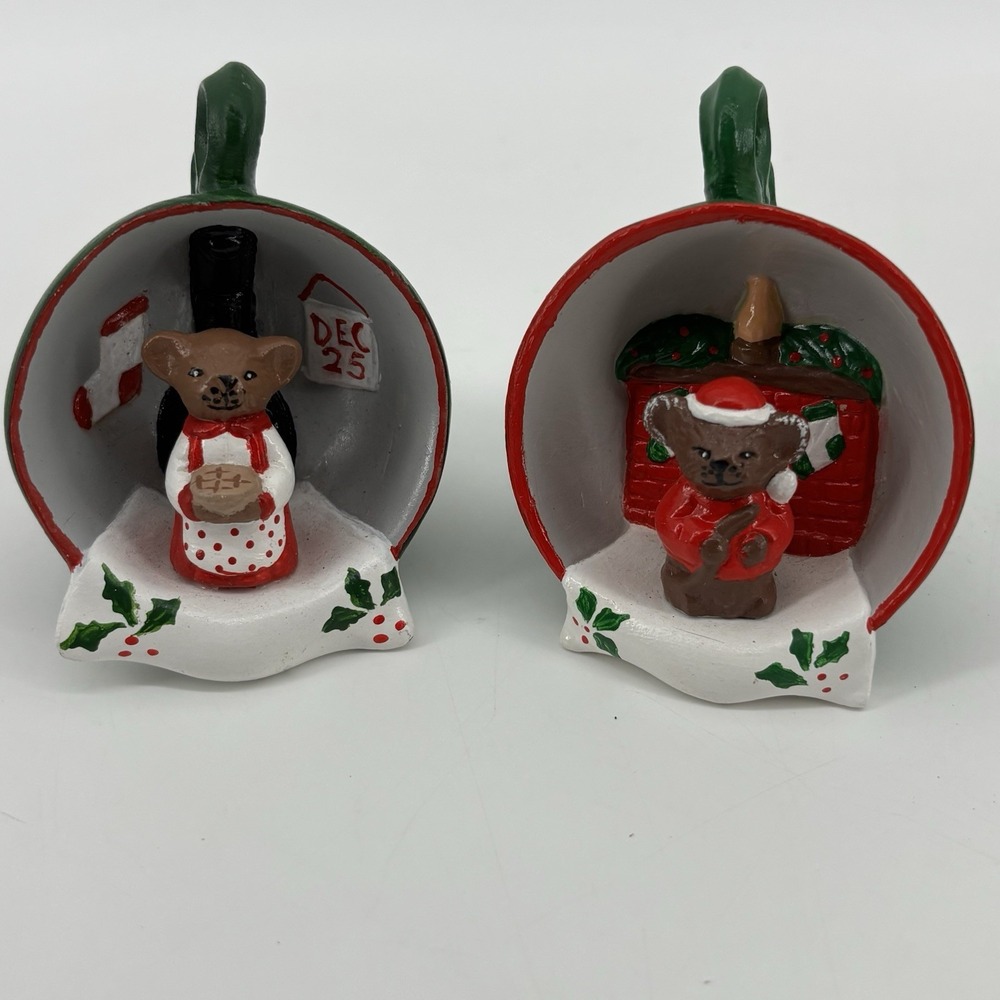Vintage Ceramic Hand Painted Ornament Cozy Tea Cup Mice Christmas Holiday